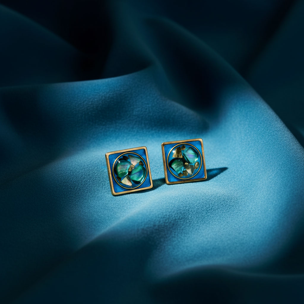 Eleganti e contemporanei, gli orecchini Auralis Cupa uniscono materiali preziosi e design minimale. La composizione in resina racchiude frammenti di madreperla e foglia d’oro, creando riflessi unici che cambiano con la luce. La forma geometrica e compatta li rende perfetti sia per l’uso quotidiano che per occasioni speciali.