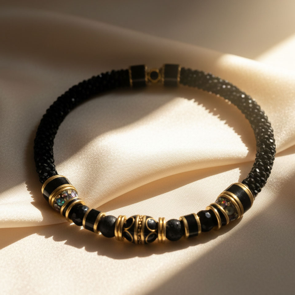 Misteriosi, intensi e profondamente eleganti. Gli orecchini CUPA Enigma nascono dall’incontro tra la tessitura artigianale del bead crochet e la forza materica di elementi realizzati a mano. Le perline sfaccettate di vetro nero catturano la luce con riflessi discreti e sofisticati, mentre dettagli in ottone, resina, madreperla, foglia d’oro e strass creano un punto focale prezioso e contemporaneo. Le perle di pietra lavica e tormalina nera aggiungono profondità e carattere. Ogni paio, unico, richiede circa 15 ore di lavorazione artigianale.