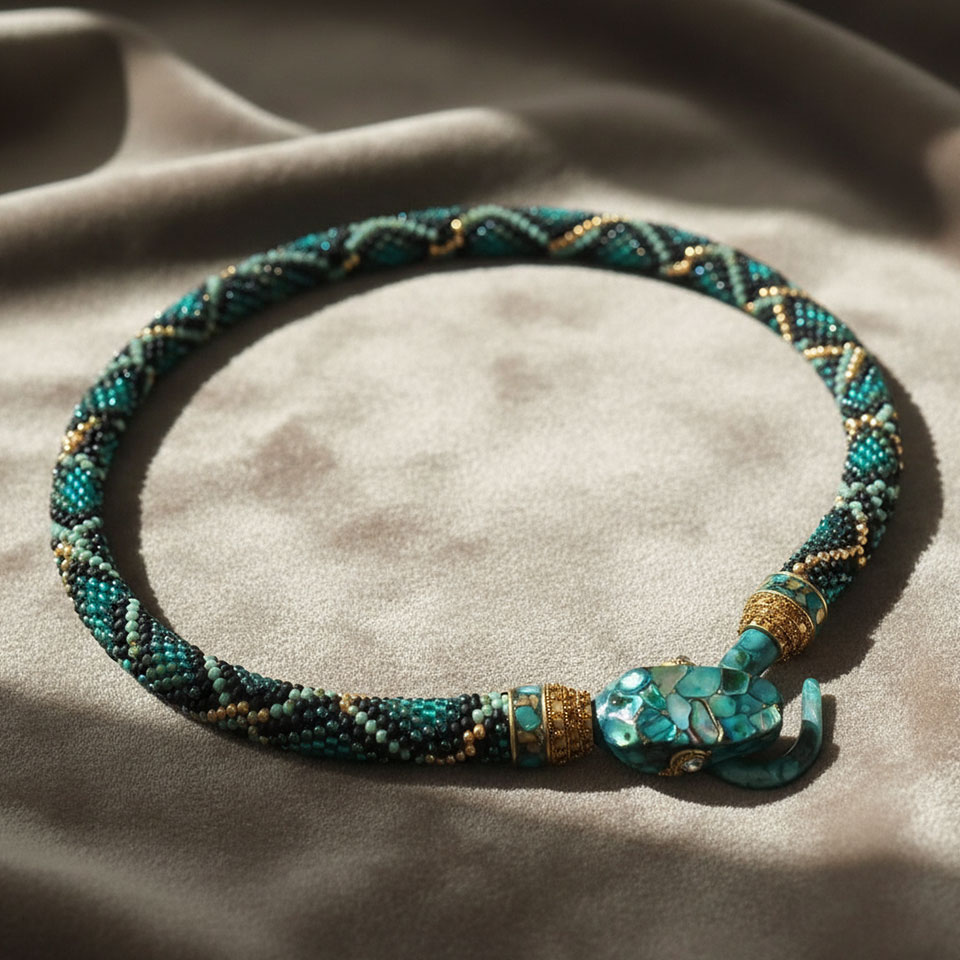 Cupa Snake è una collana scultura realizzata interamente a mano che unisce arte contemporanea e alta artigianalità. Il corpo sinuoso prende forma attraverso la tecnica bead crochet con disegno originale “Cupacupi”, creando una texture dinamica e ricca di dettagli.
La testa, modellata e rifinita manualmente in resina artistica, racchiude madreperla, frammenti di vetro dorato e foglia d’oro, trasformando il gioiello in una vera e propria mini scultura indossabile. Ogni elemento è lavorato singolarmente, rendendo ogni pezzo unico e irripetibile.